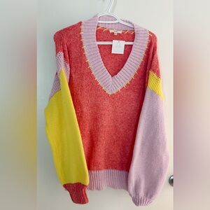 Easel Red, Yellow, and Purple V-Neck Sweater